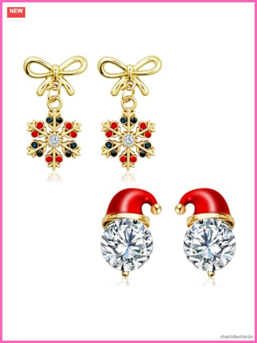 Christmas Earrings Set Bow Snowflake Drop Dangle & Santa Hat Zircon Stud